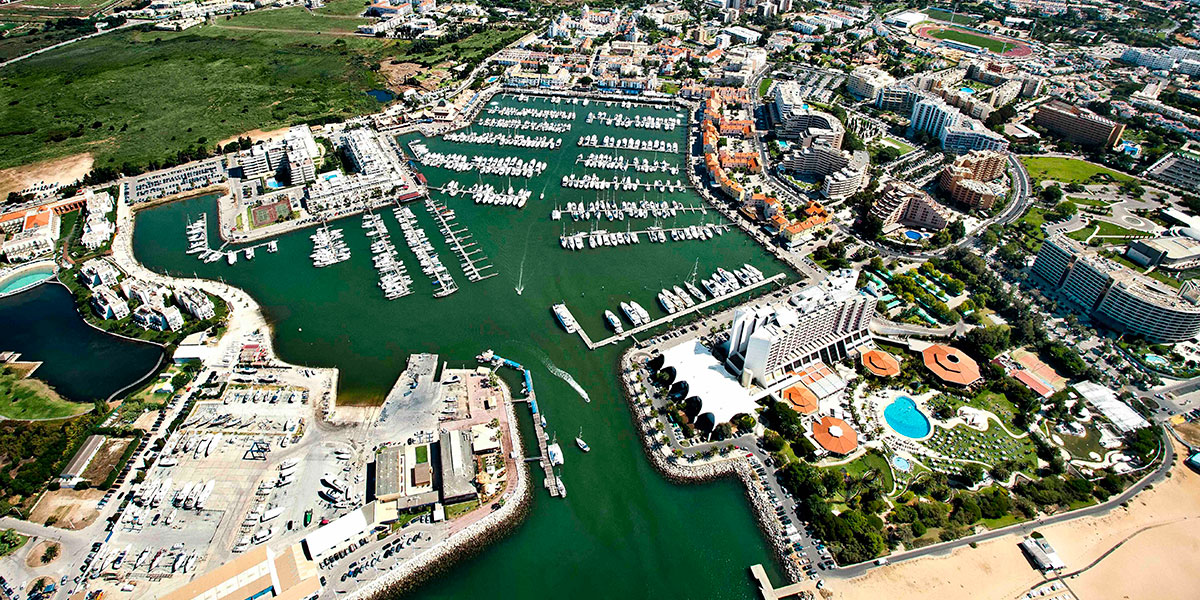 Aerial view of Vilamoura marina at JustGo Transfers, door to door transfers Algarve.